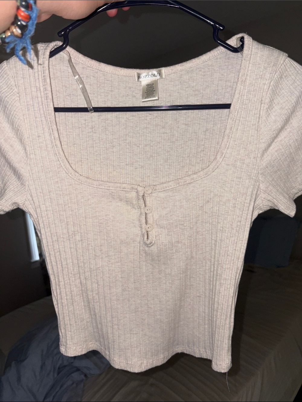 Light Taupe Ribbed Square-Neck Henley Tee